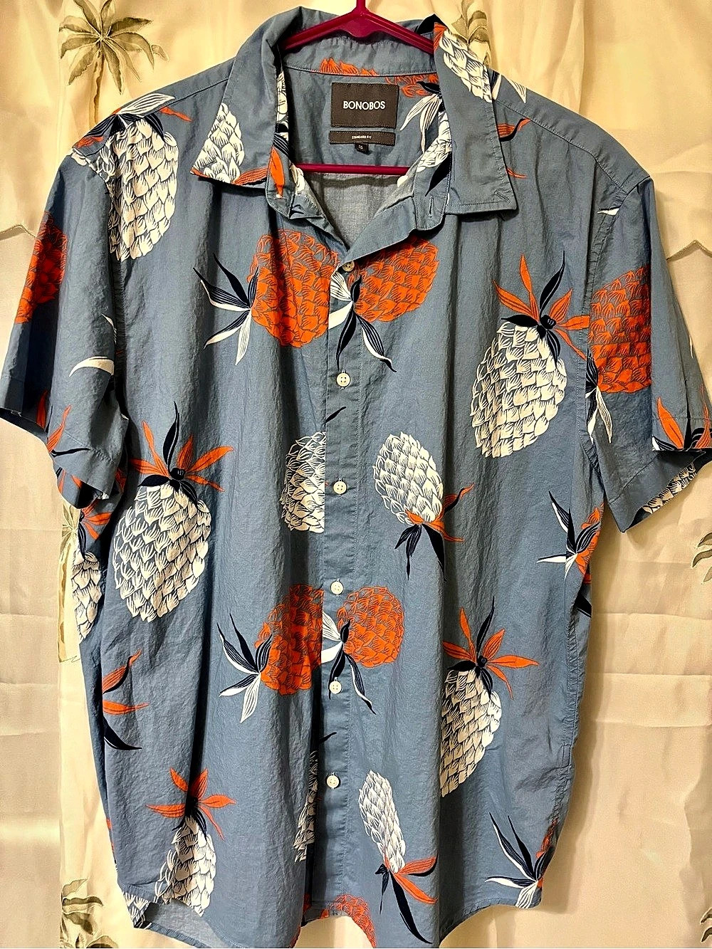 Bonobos Riviera Short Sleeve Shirt Pineapple Print Blue & Orange XL